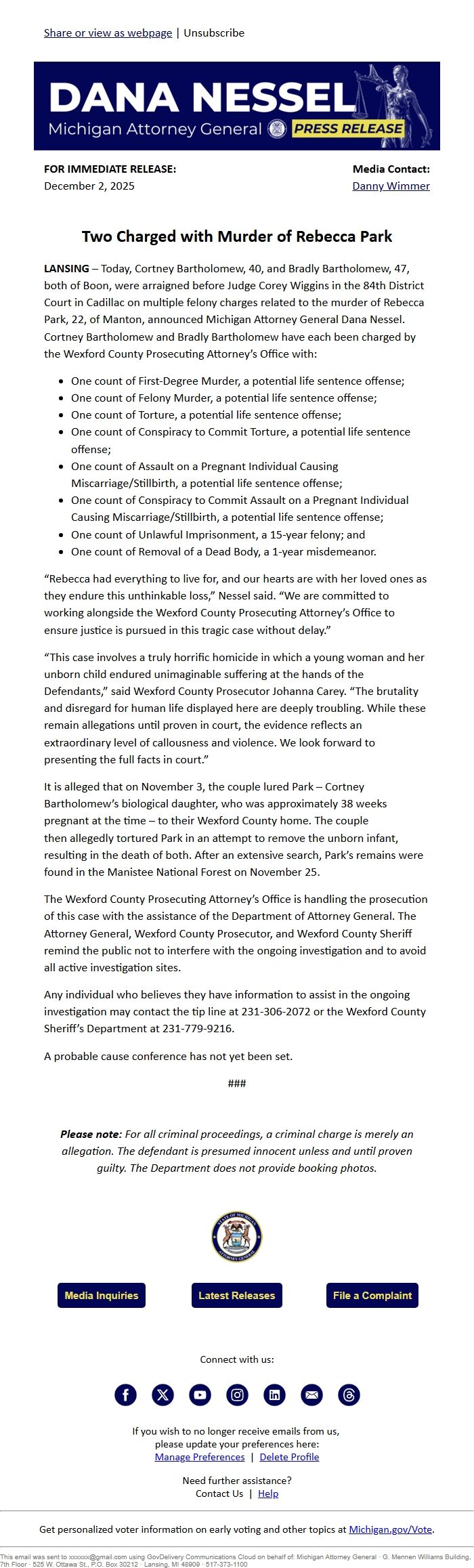 Screenshot of the email generated on import