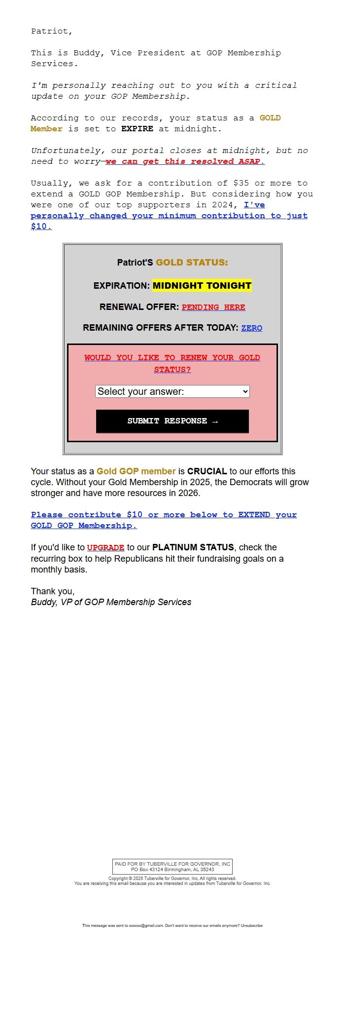 Screenshot of the email generated on import