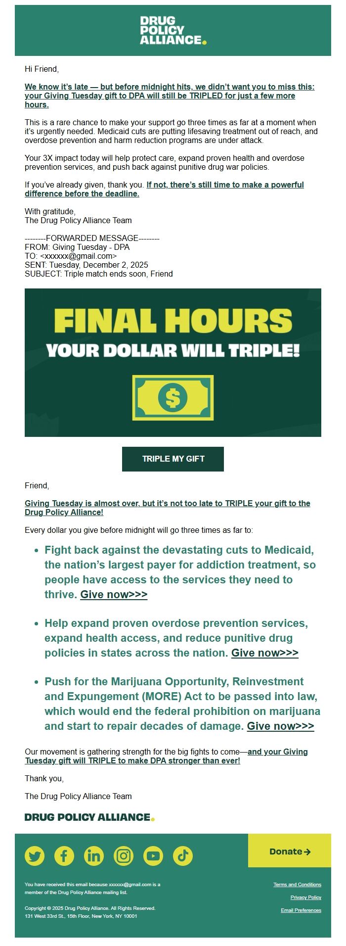 Screenshot of the email generated on import