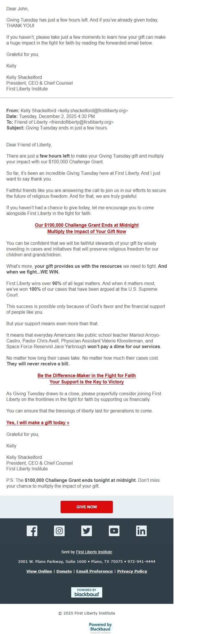 Screenshot of the email generated on import