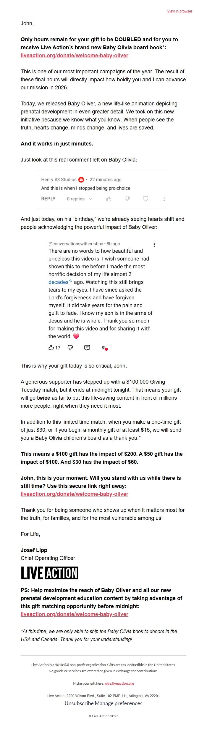 Screenshot of the email generated on import