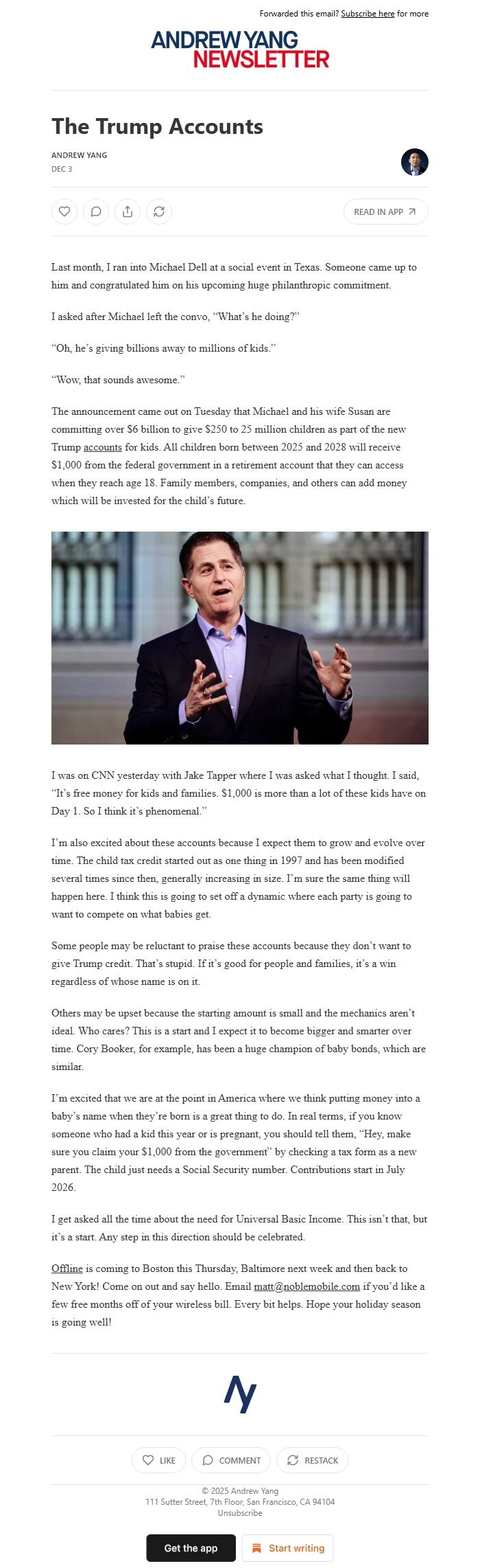 Screenshot of the email generated on import