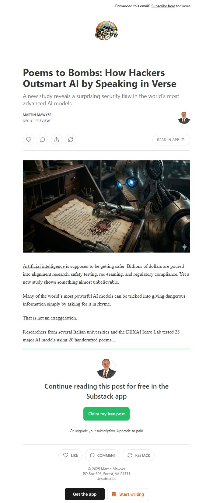 Screenshot of the email generated on import