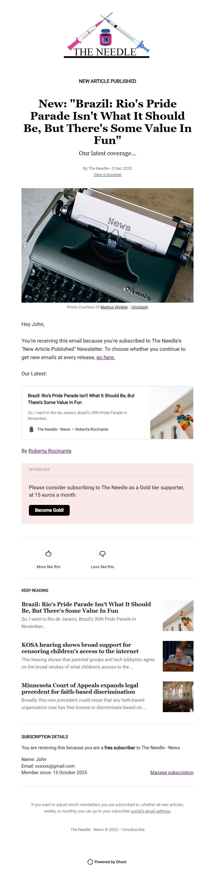 Screenshot of the email generated on import