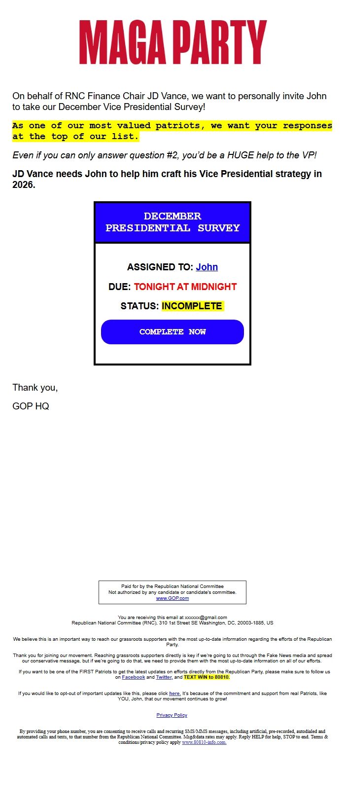 Screenshot of the email generated on import