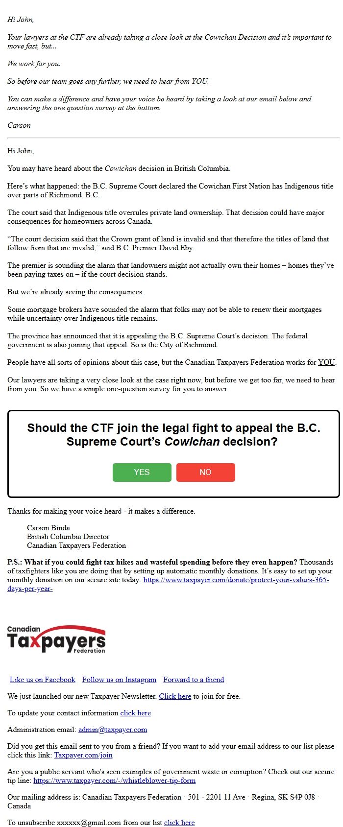 Screenshot of the email generated on import