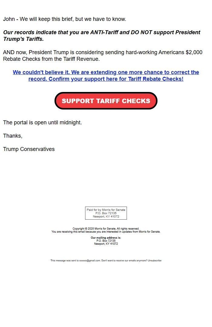 Screenshot of the email generated on import