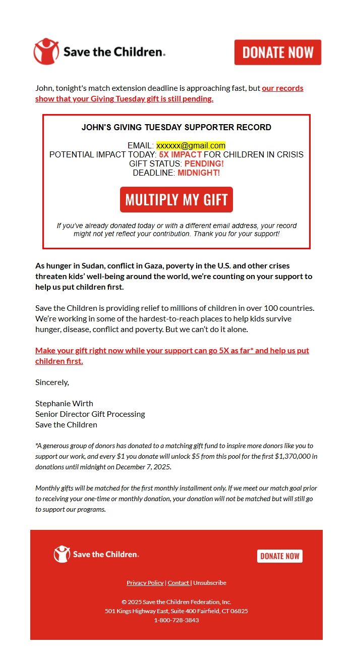 Screenshot of the email generated on import