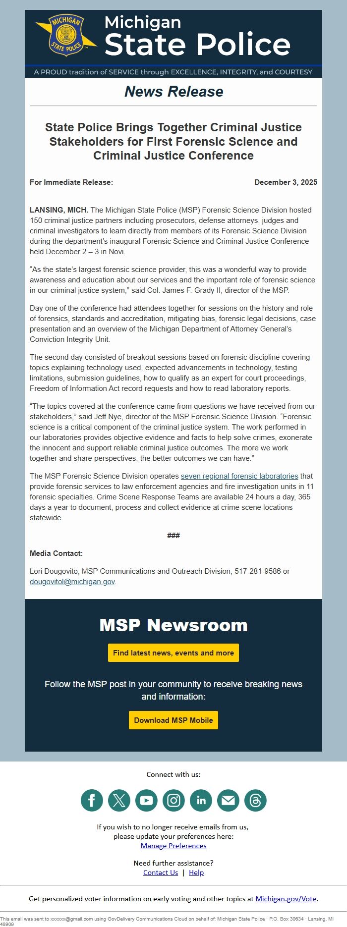 Screenshot of the email generated on import