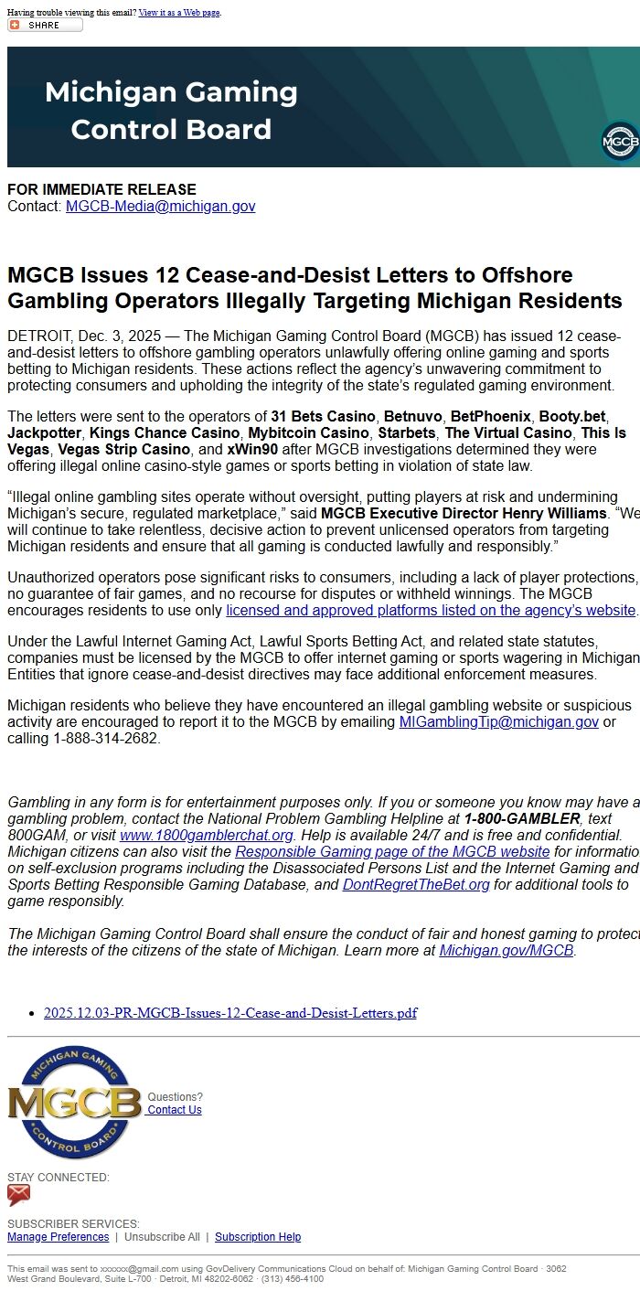 Screenshot of the email generated on import