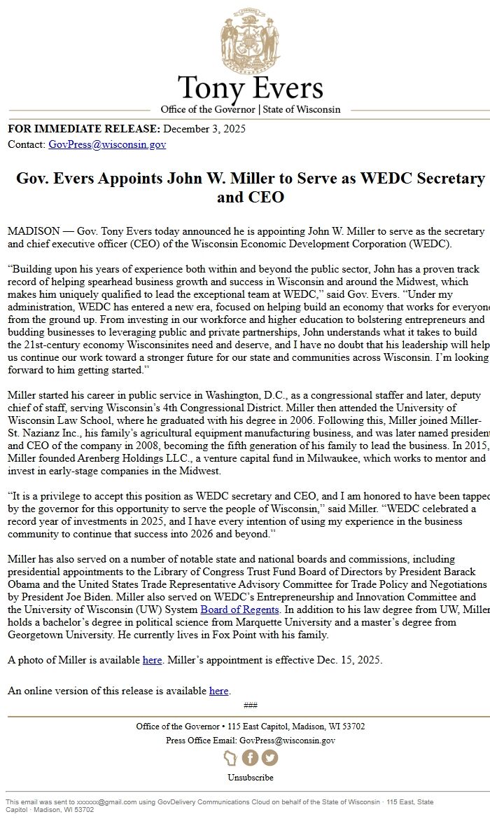 Screenshot of the email generated on import