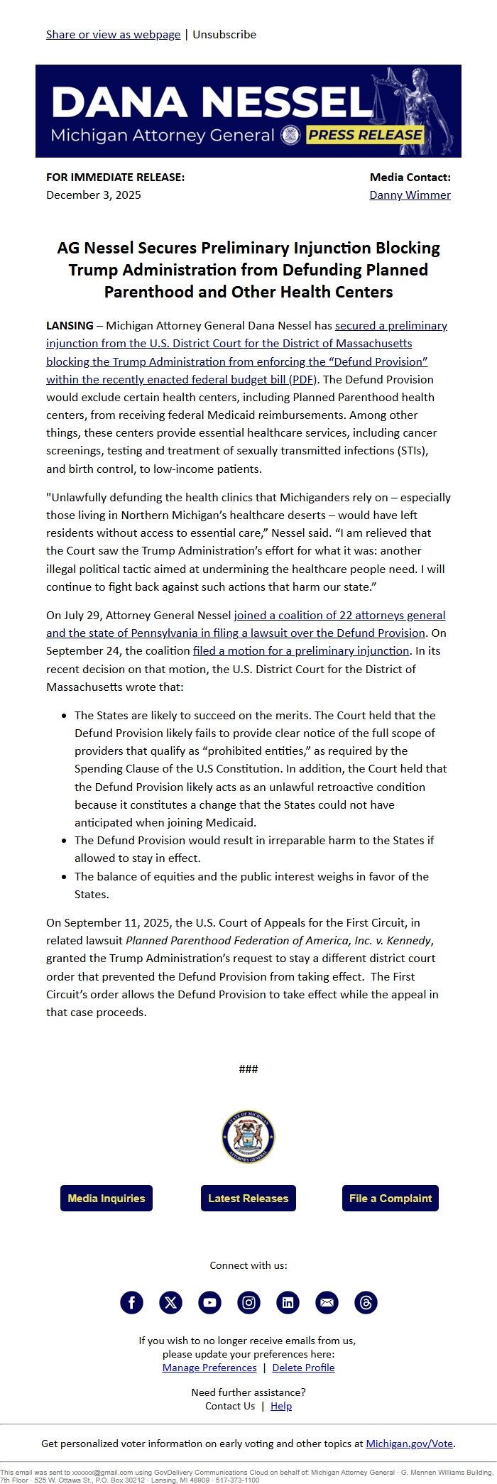 Screenshot of the email generated on import