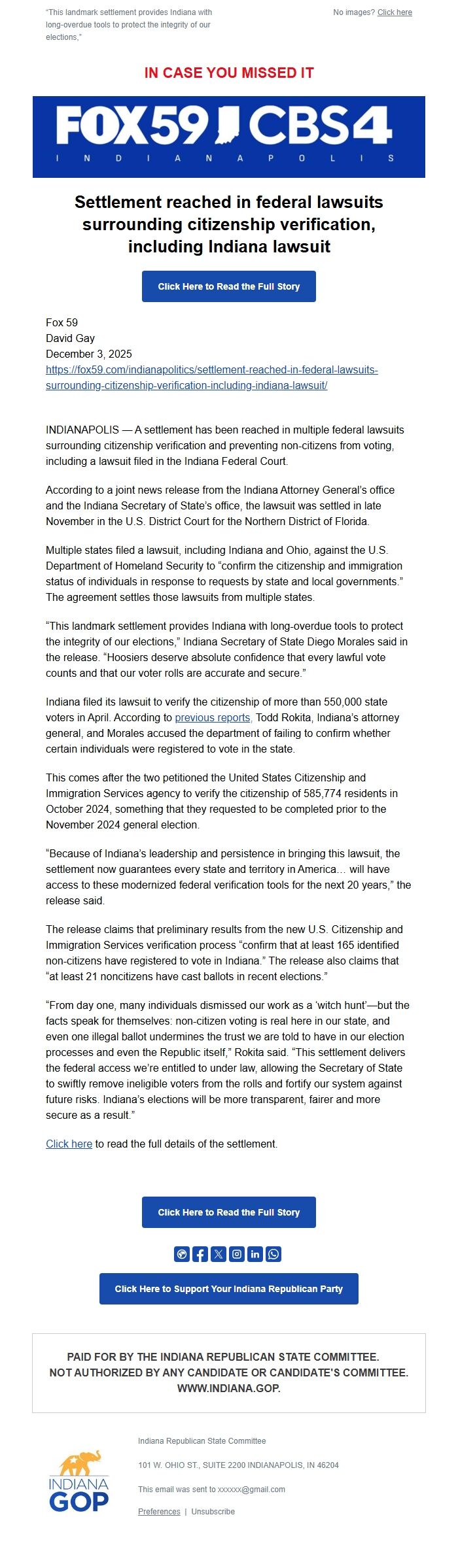 Screenshot of the email generated on import