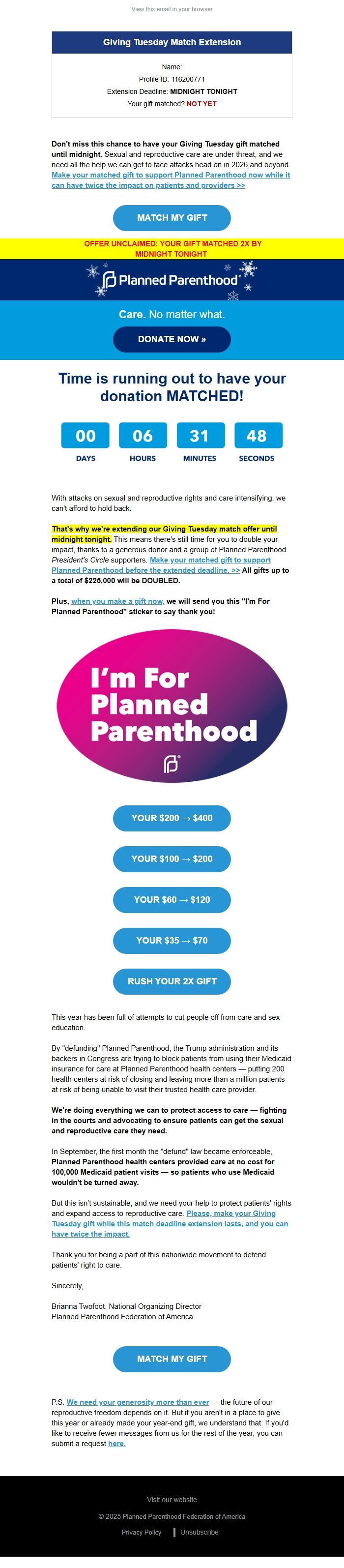 Screenshot of the email generated on import