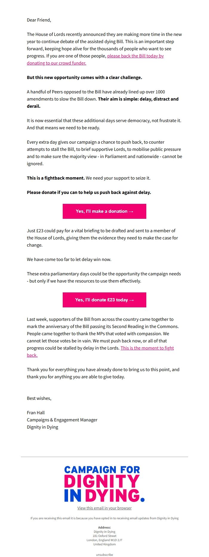 Screenshot of the email generated on import