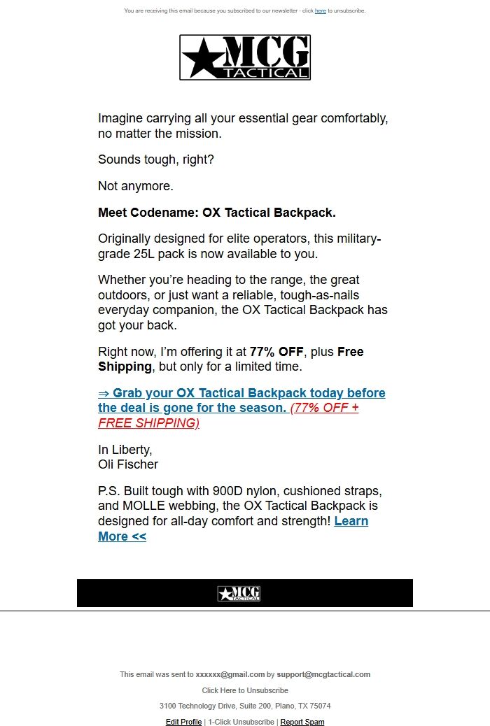 Screenshot of the email generated on import