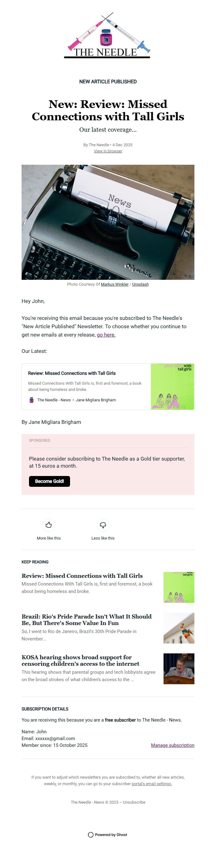 Screenshot of the email generated on import