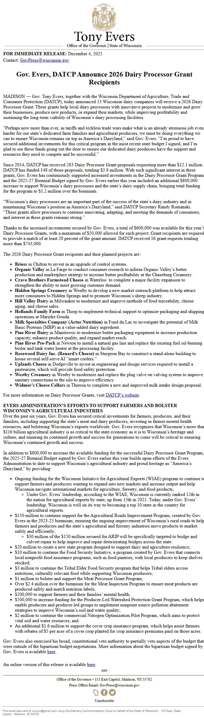 Screenshot of the email generated on import