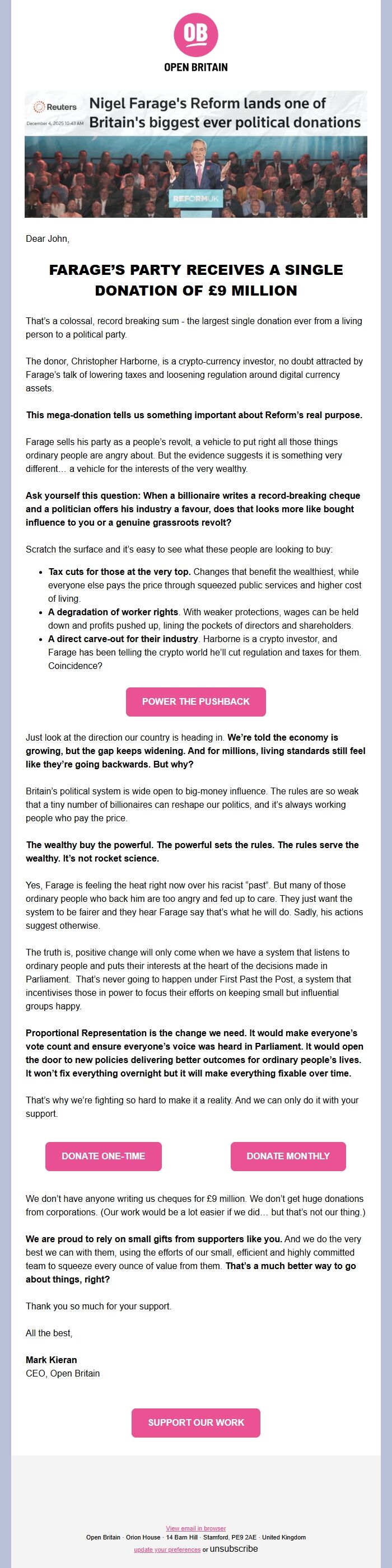 Screenshot of the email generated on import