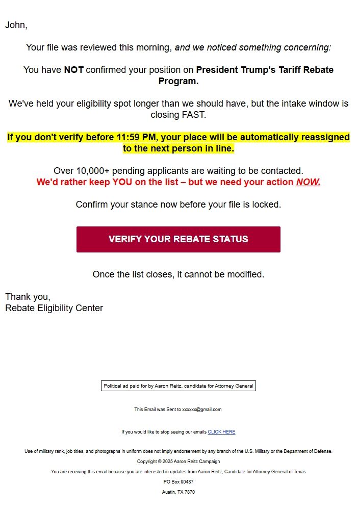 Screenshot of the email generated on import