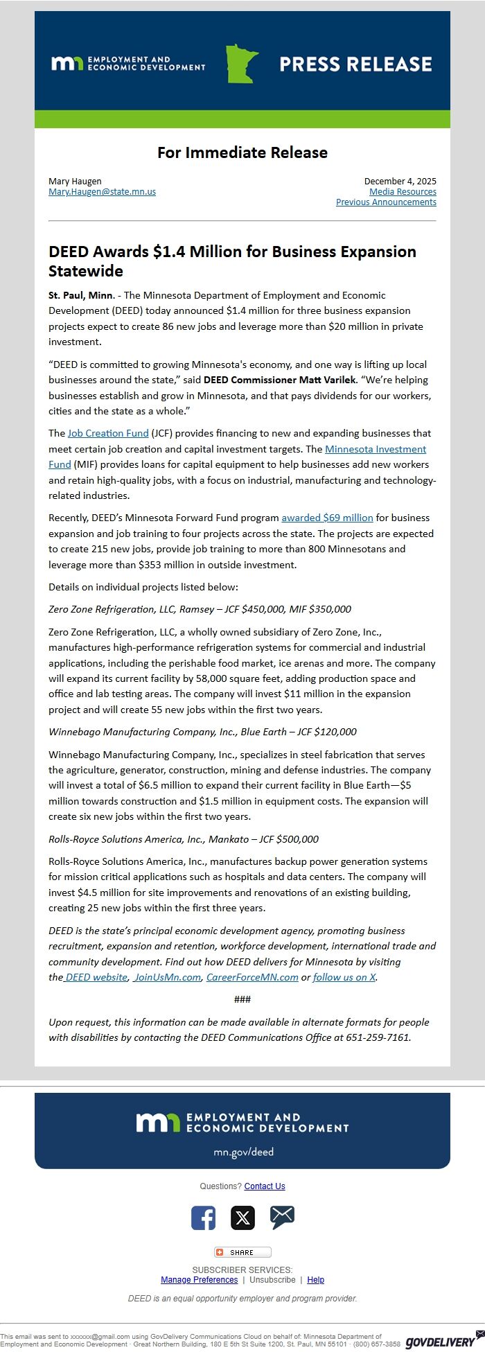 Screenshot of the email generated on import