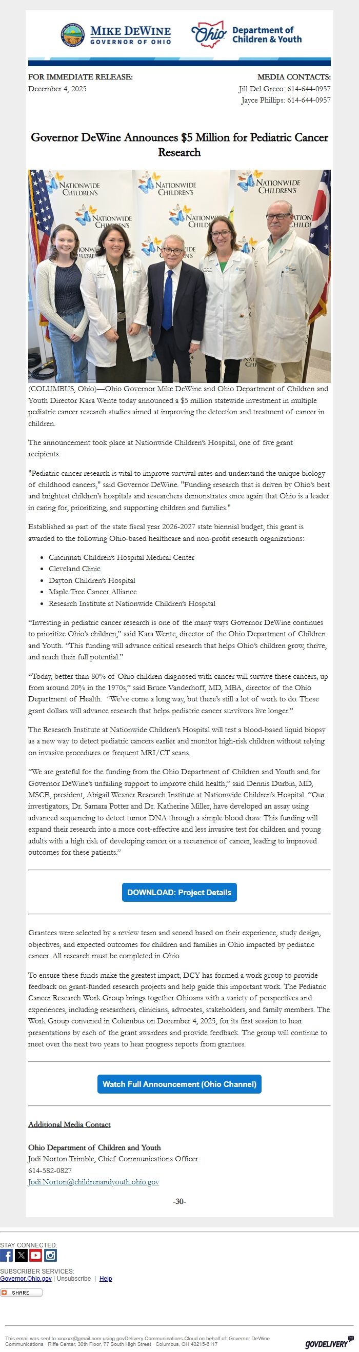 Screenshot of the email generated on import