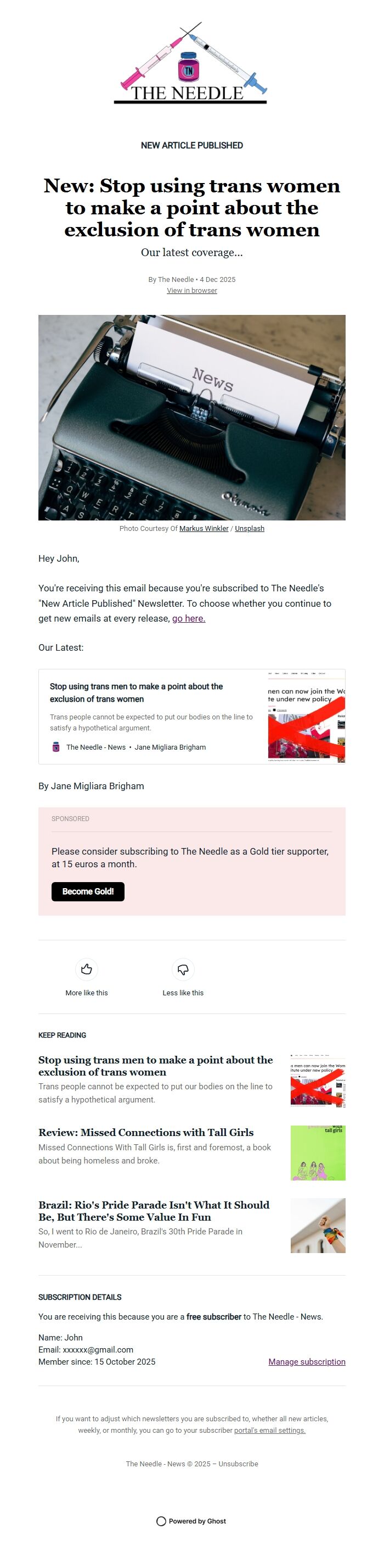 Screenshot of the email generated on import