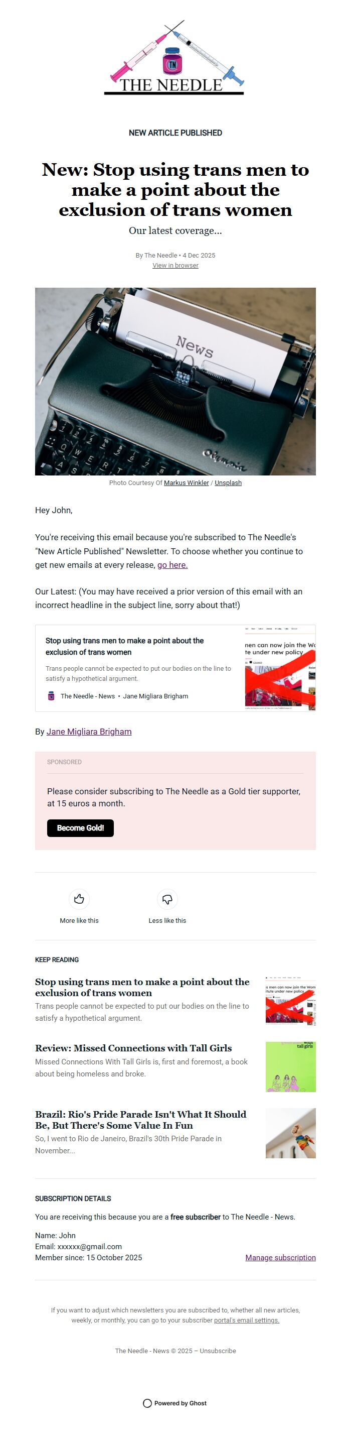 Screenshot of the email generated on import