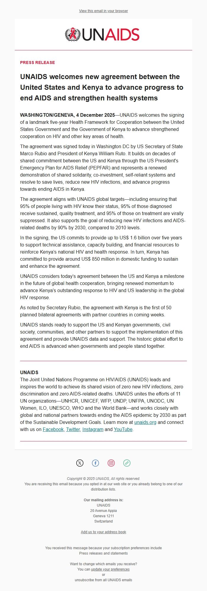 Screenshot of the email generated on import