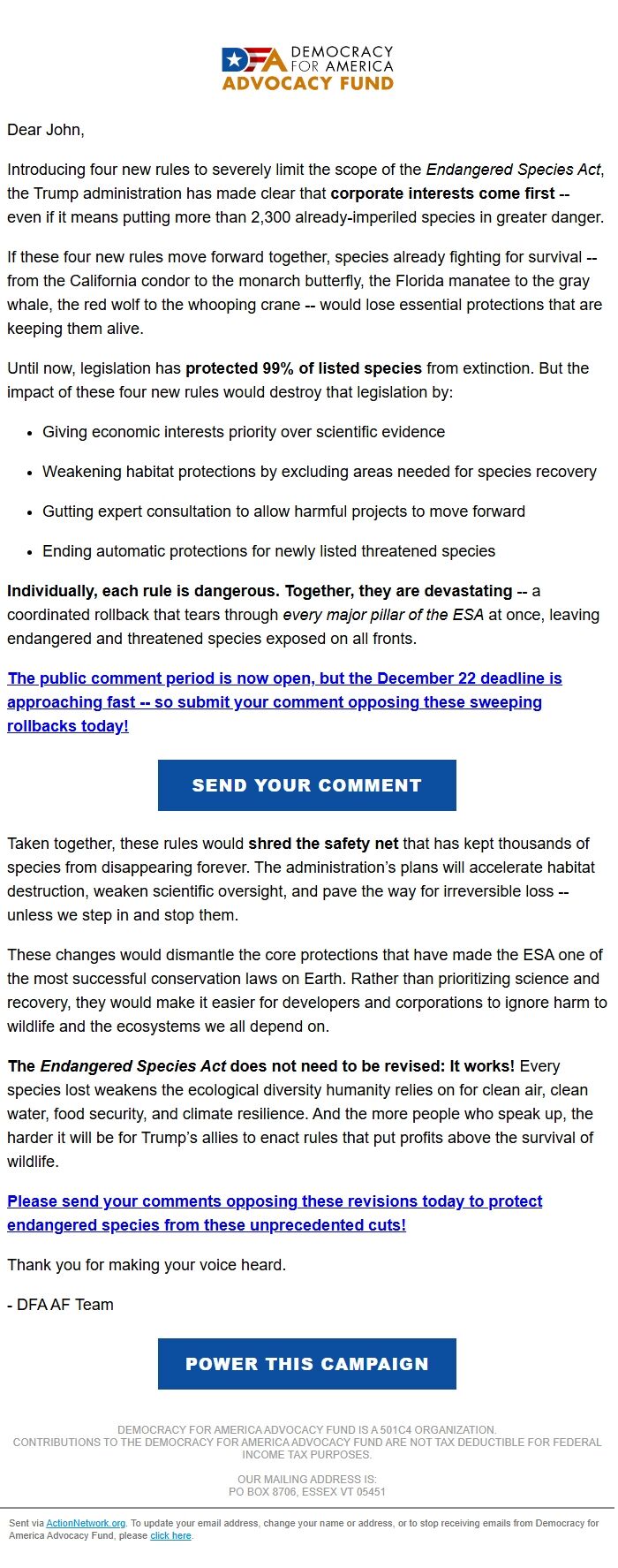 Screenshot of the email generated on import