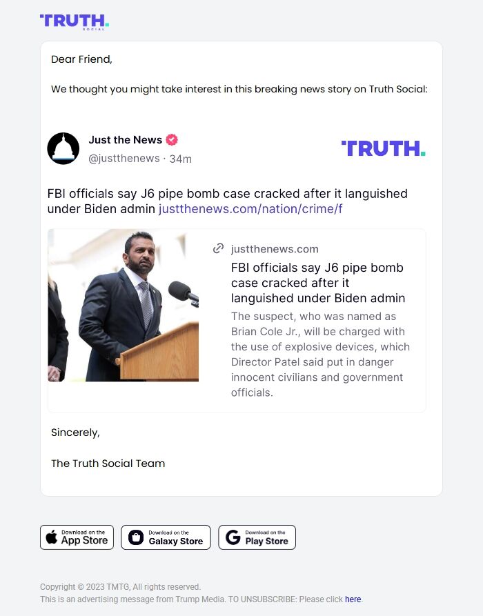 Screenshot of the email generated on import