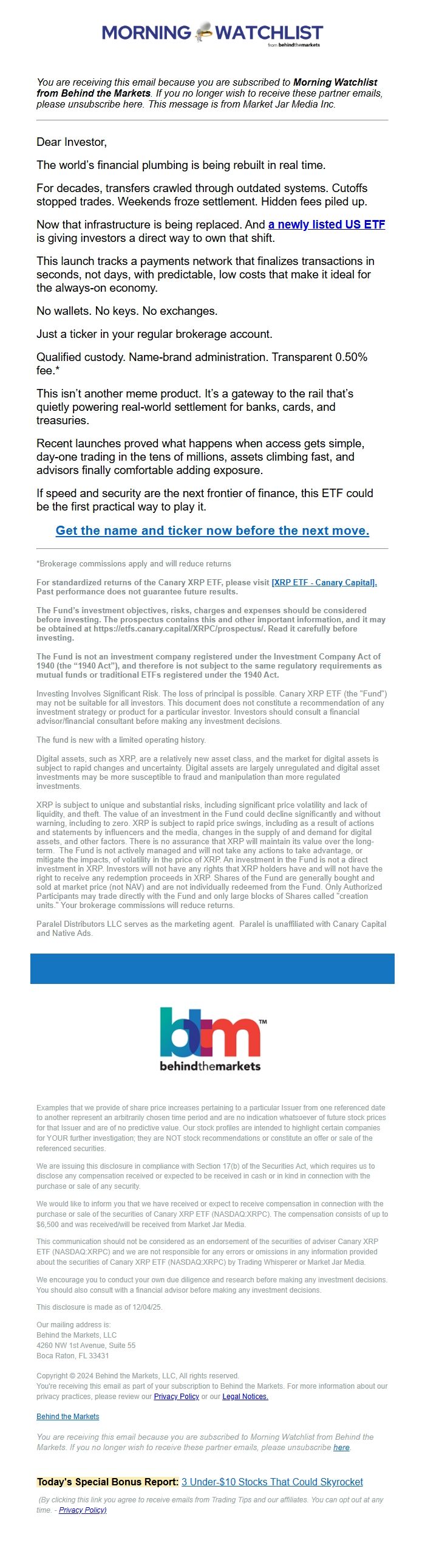 Screenshot of the email generated on import