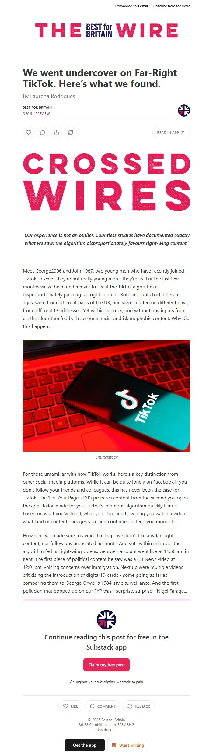 Screenshot of the email generated on import