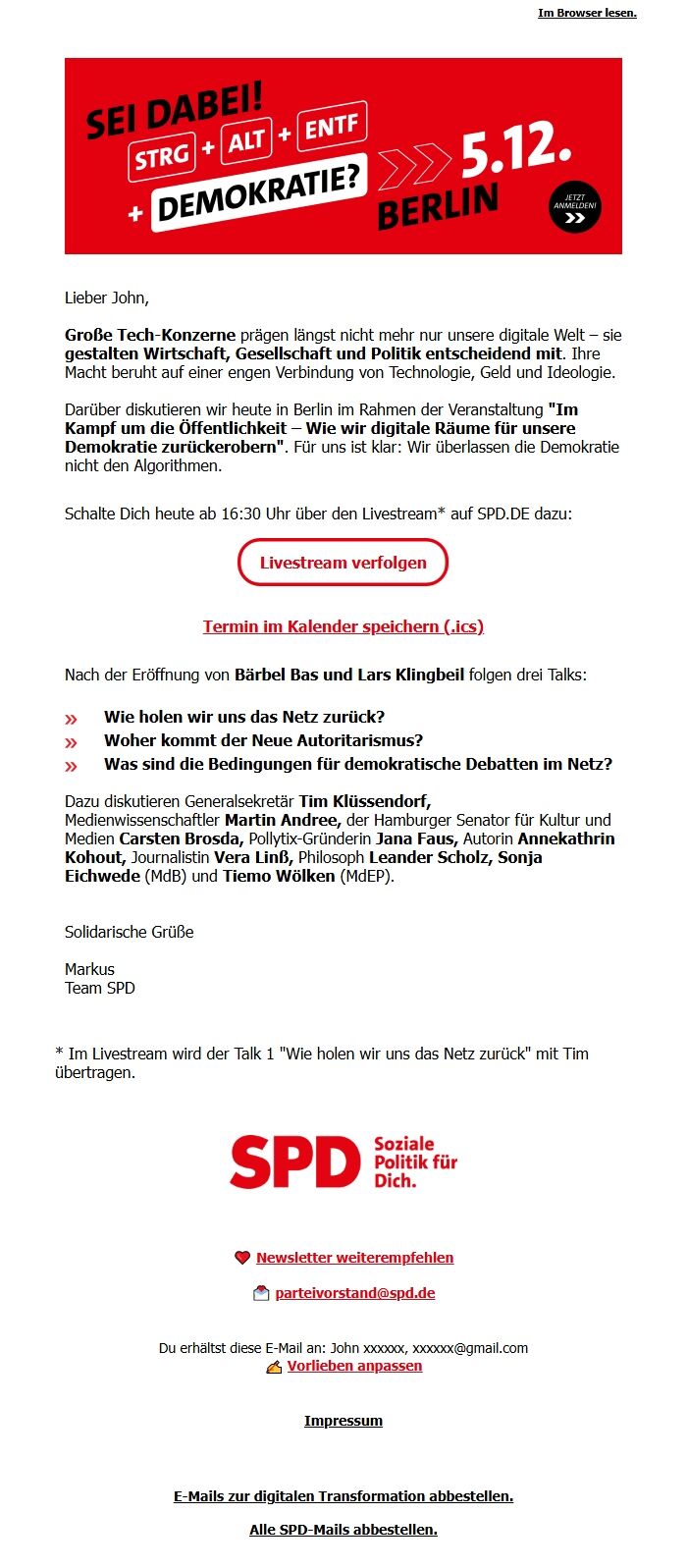 Screenshot of the email generated on import