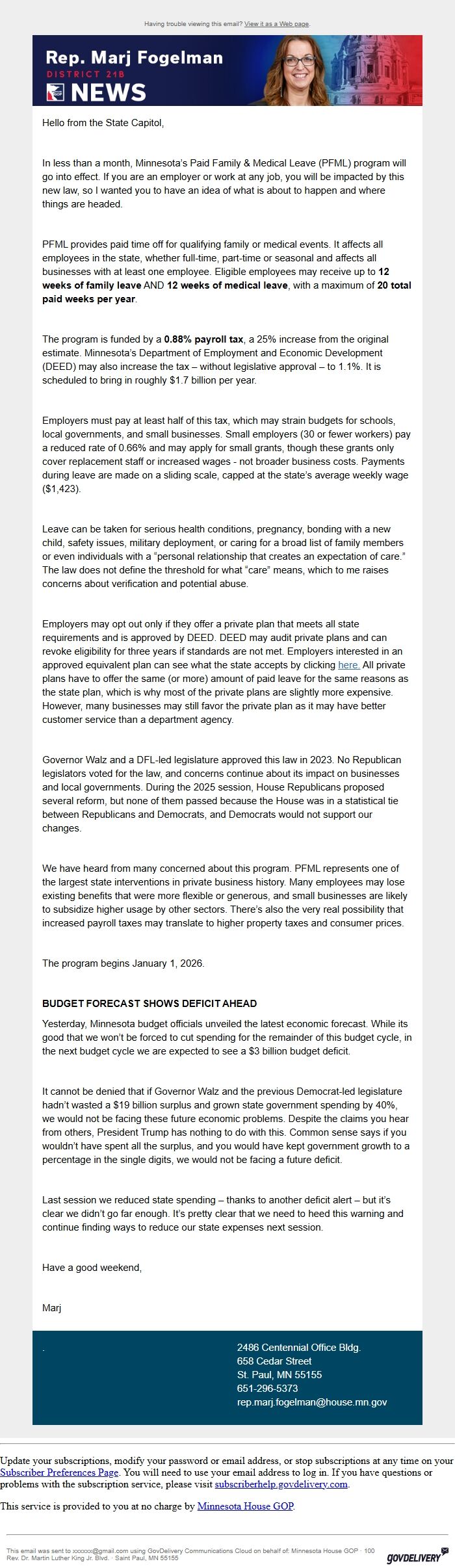 Screenshot of the email generated on import