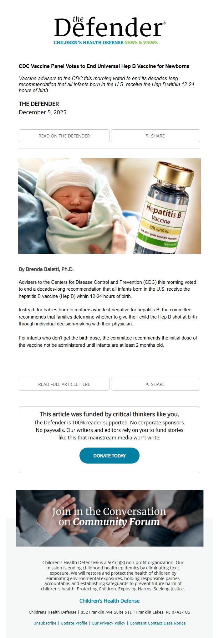 Screenshot of the email generated on import