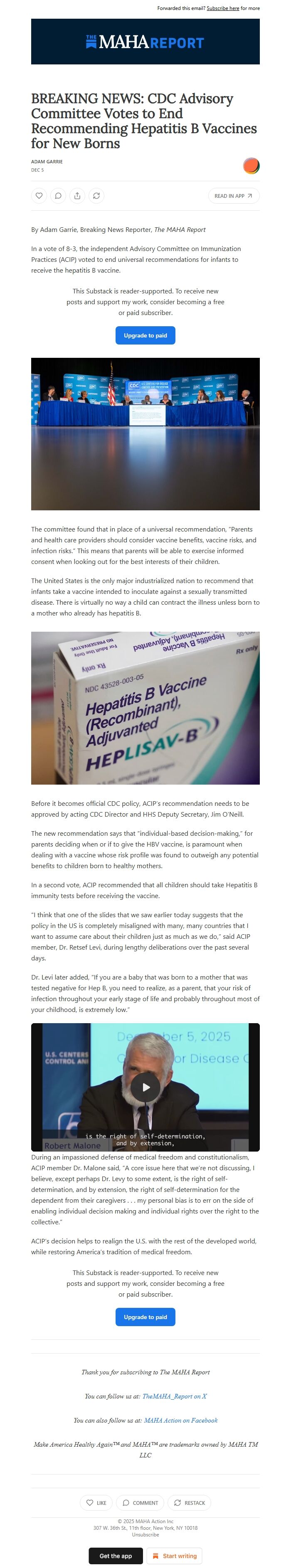 Screenshot of the email generated on import