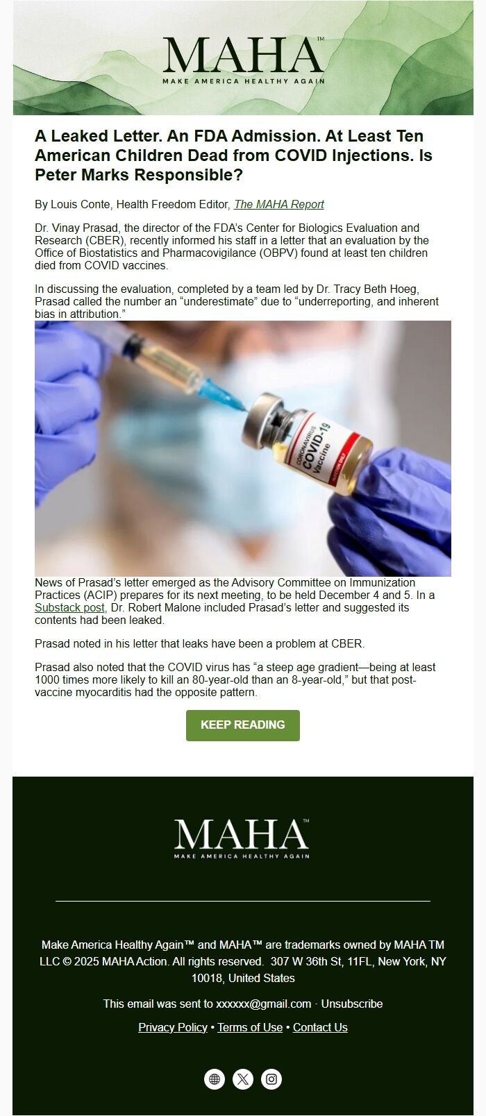 Screenshot of the email generated on import