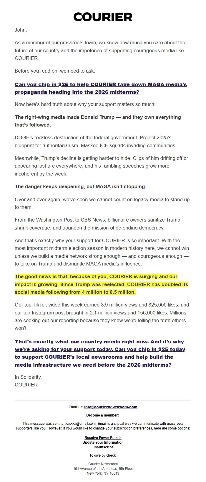 Screenshot of the email generated on import