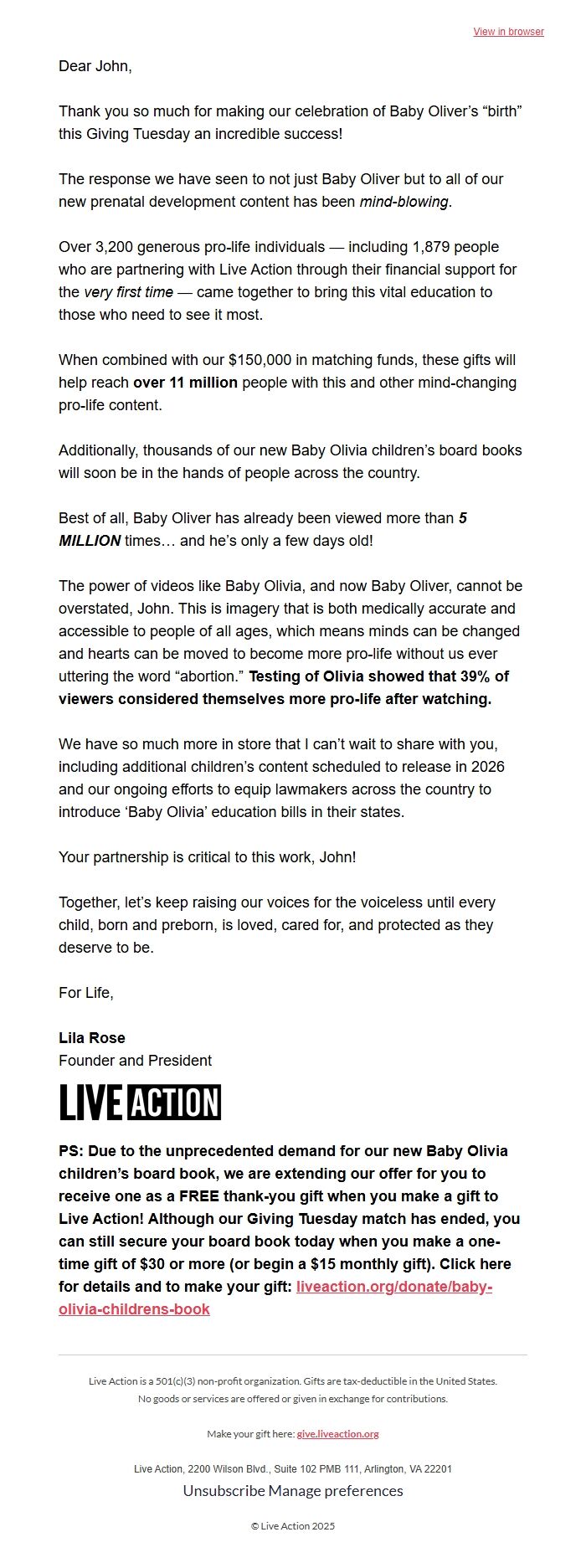 Screenshot of the email generated on import