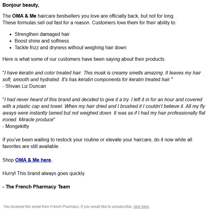 Screenshot of the email generated on import