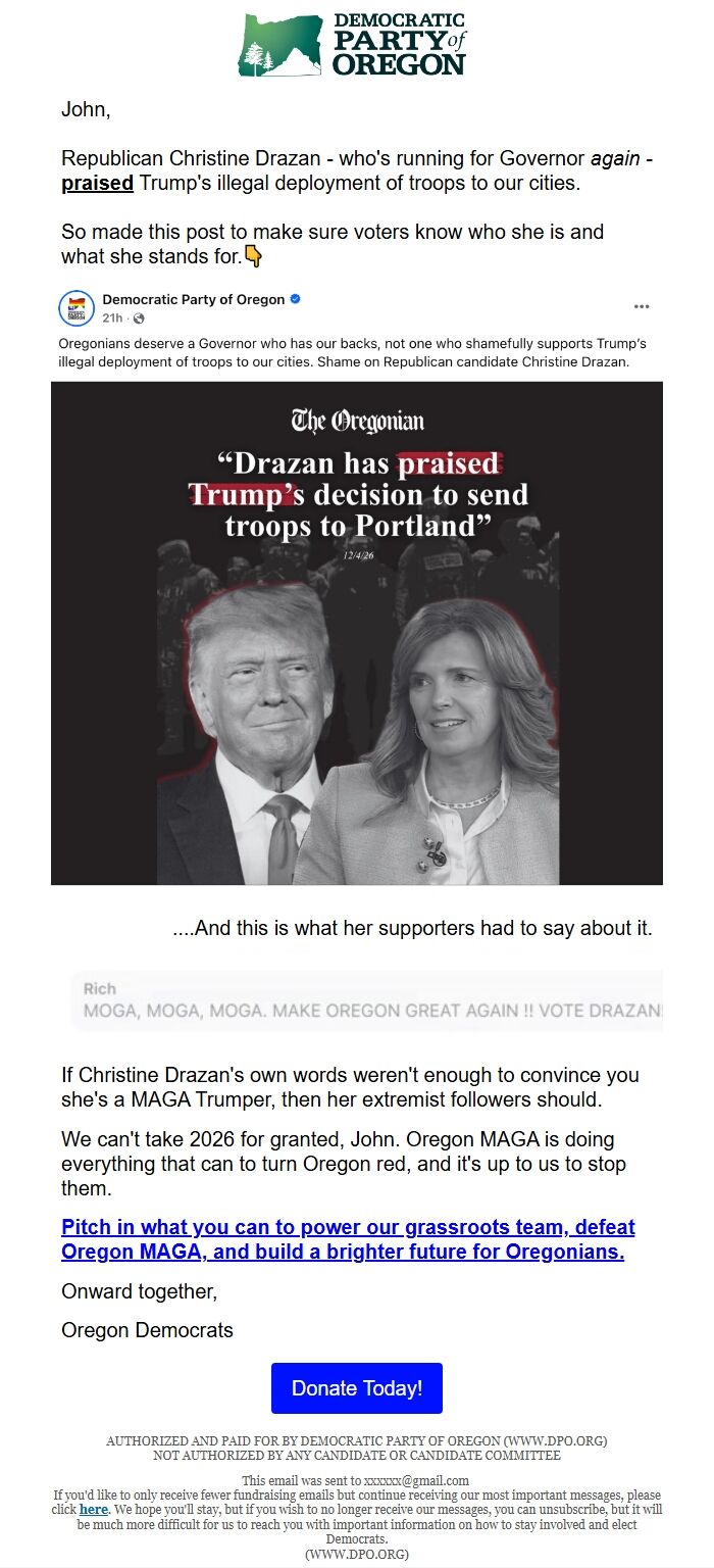 Screenshot of the email generated on import