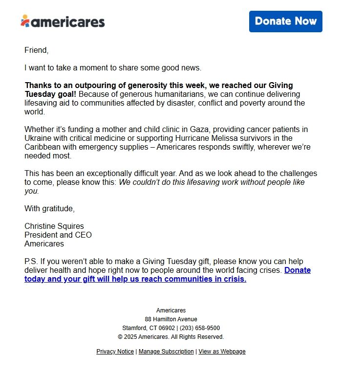 Screenshot of the email generated on import