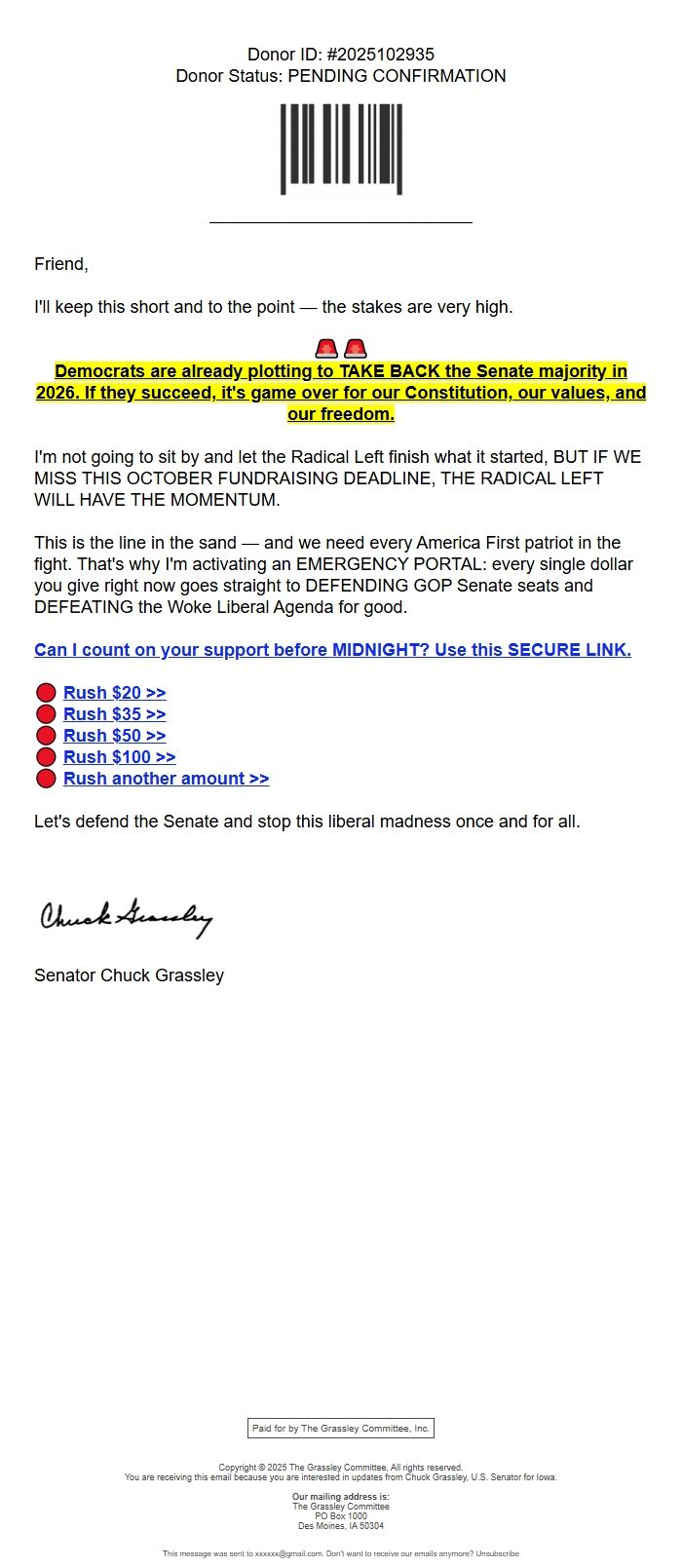 Screenshot of the email generated on import