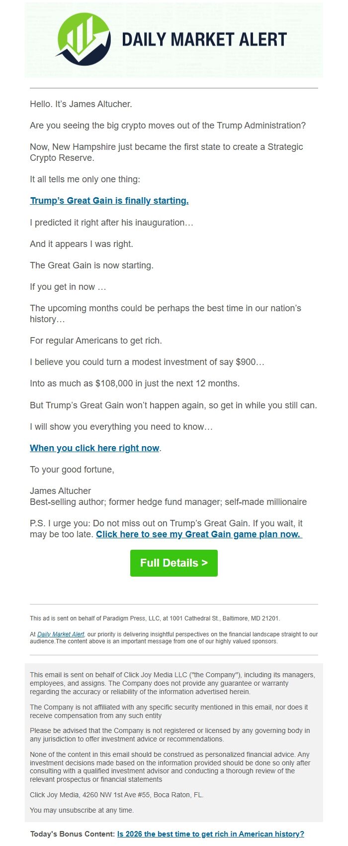 Screenshot of the email generated on import