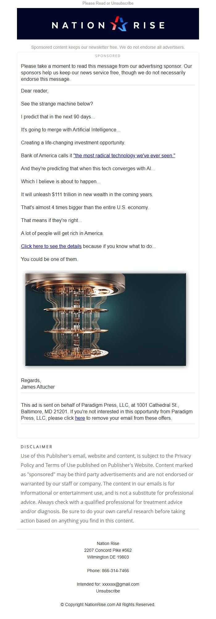 Screenshot of the email generated on import