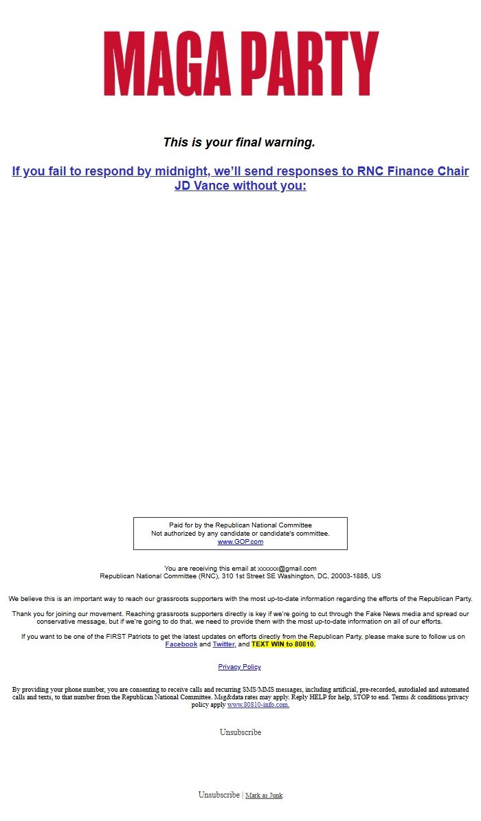 Screenshot of the email generated on import