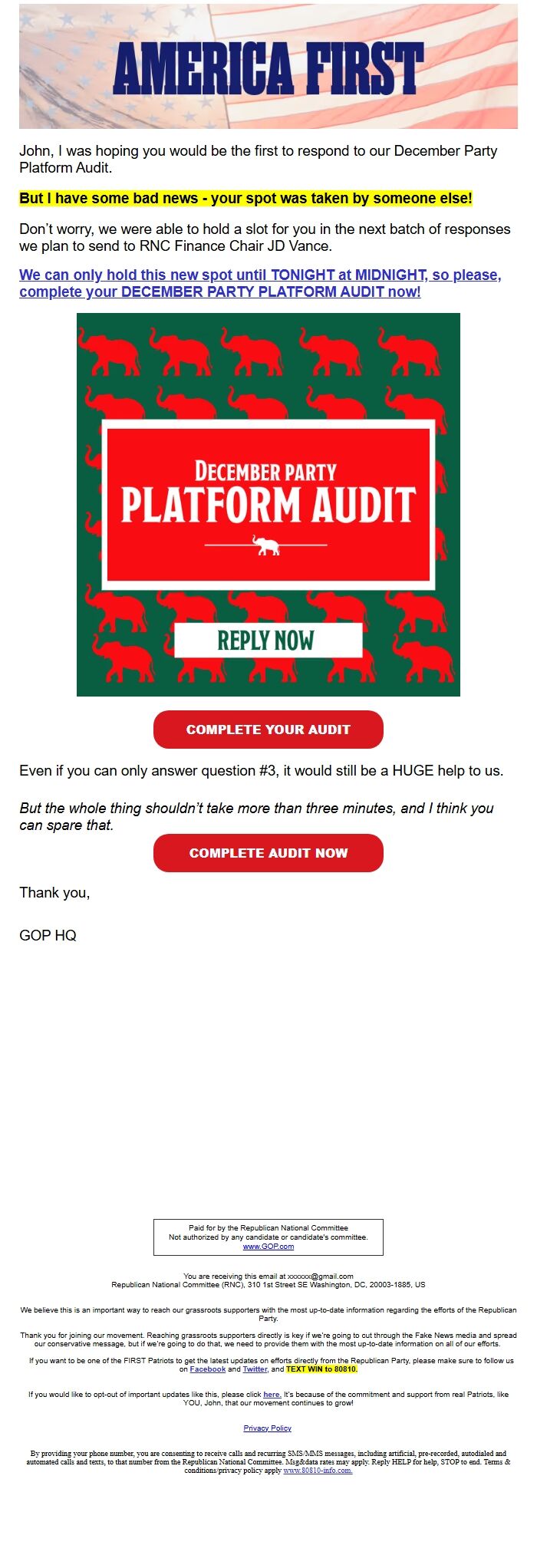 Screenshot of the email generated on import