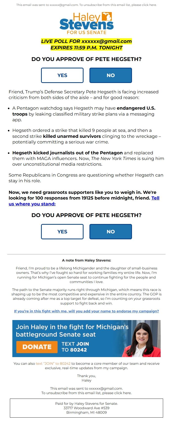 Screenshot of the email generated on import