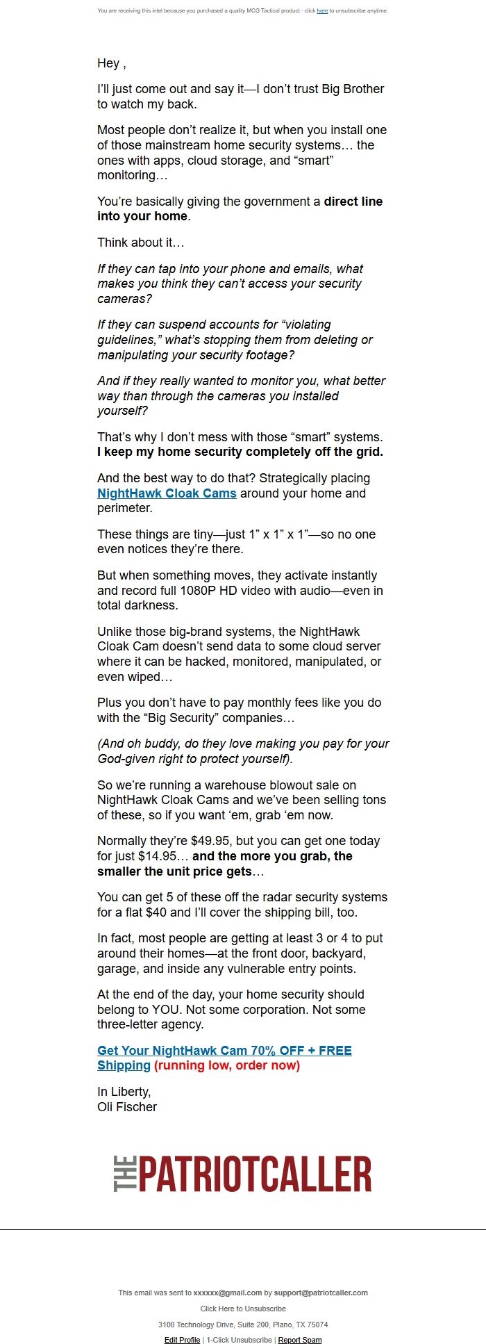 Screenshot of the email generated on import